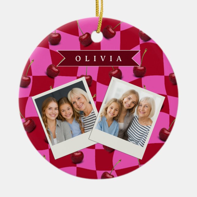 Personalized Cherry Gingham Retro Custom Name Julgransprydnad Keramik (Framsidan)