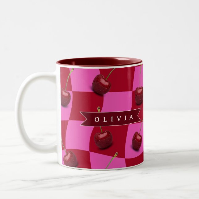 Personalized Cherry Gingham Retro Custom Name Två-Tonad Mugg (Vänster)