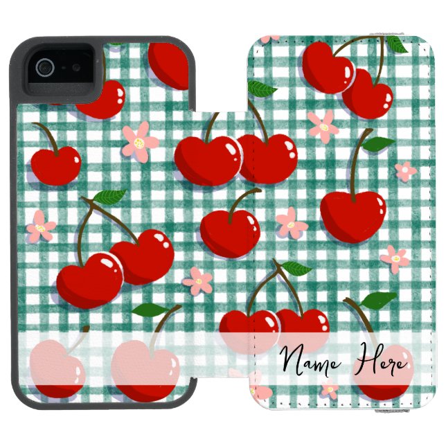 Personalized Cherry on Green Gingham Phone Case –  Incipio iPhone Wallet Skal (Folio Öppen)