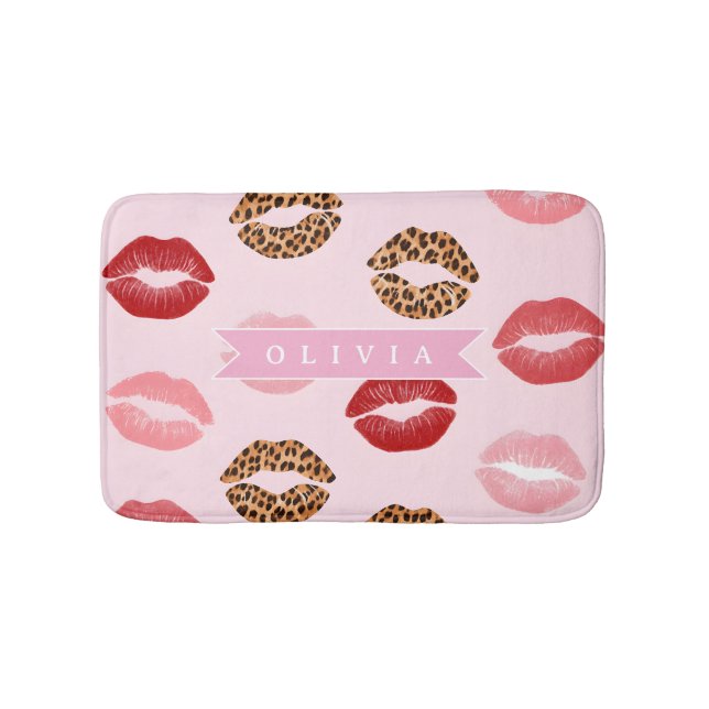 Personalized Chic Pink Leopart Print Lip Pattern Badrumsmatta (Framsidan)