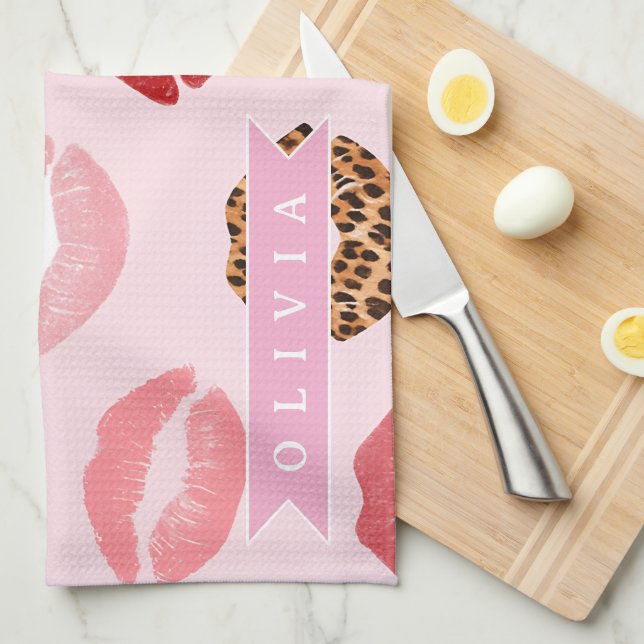 Personalized Chic Pink Leopart Print Lip Pattern Kökshandduk (Vikt i Fjärdedel)