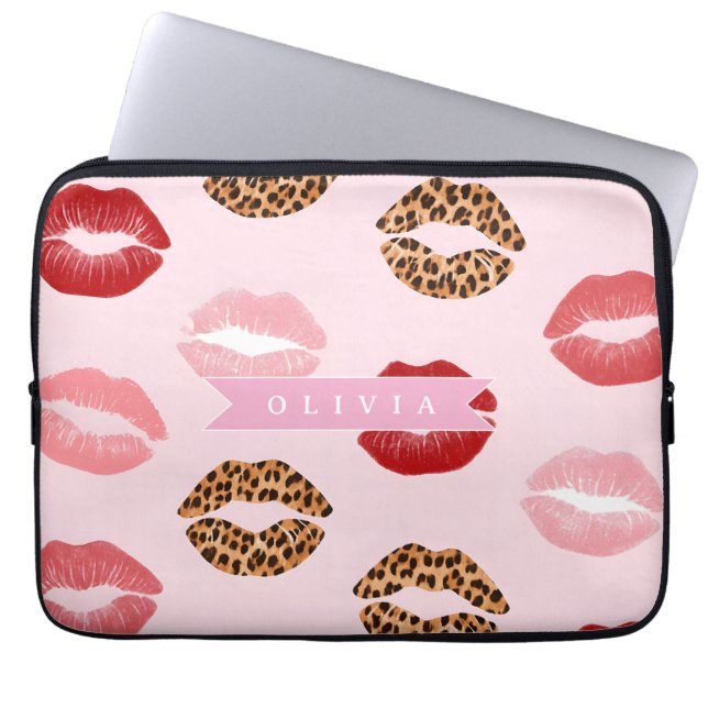 Personalized Chic Pink Leopart Print Lip Pattern Laptop Fodral (Framsidan)