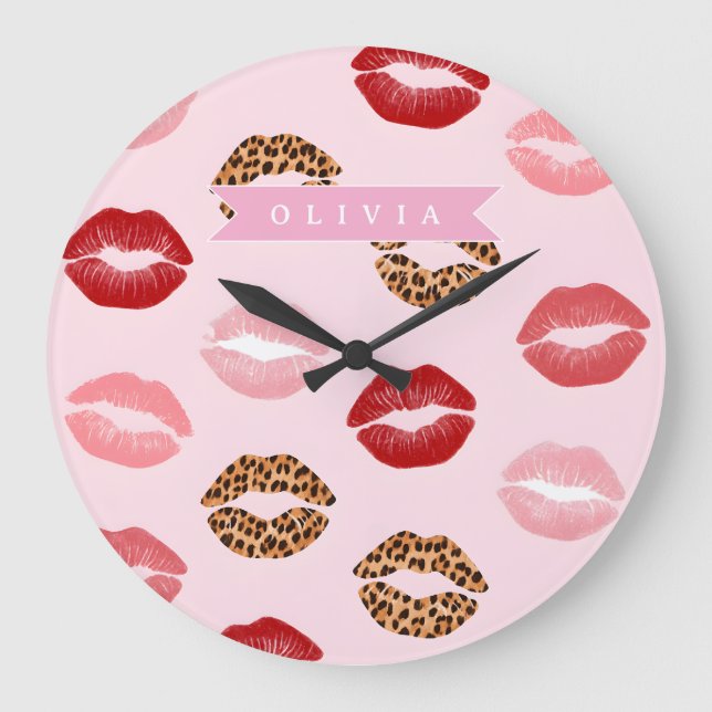 Personalized Chic Pink Leopart Print Lip Pattern Stor Klocka (Framsida)