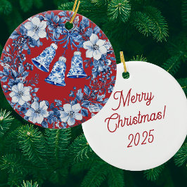 Personalized Chinoiserie Blue White Wreath Bells Julgransprydnad Keramik
