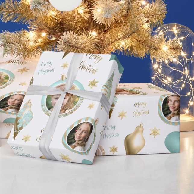 Personalized Christmas Aqua Gold Photo Ornament Presentpapper (Helgdagar)