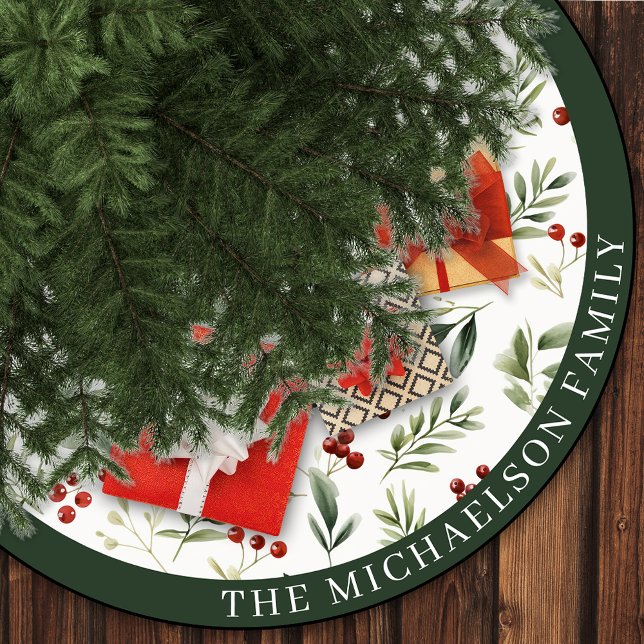 Personalized Christmas Greenery & Red Berries Julgransmatta Borstad Polyester (Personalized Christmas Greenery & Red Berries Brushed Polyester Tree Skirt)
