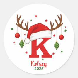 Personalized Christmas Monogram K Santa Hat Runt Klistermärke