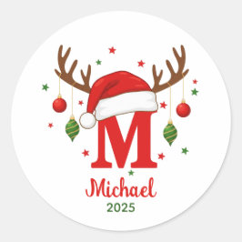 Personalized Christmas Monogram M Santa Hat Runt Klistermärke