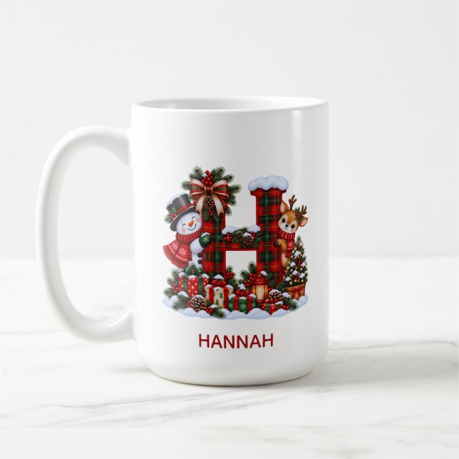 Personalized Christmas Monogram Mug Snowman Reinde Kaffemugg (Vänster)