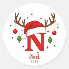 Personalized Christmas Monogram N Santa Hat Runt Klistermärke