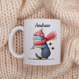 Personalized Christmas Mug With A Skiing Penguin Kaffemugg