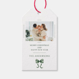 Personalized Christmas Photo Green Bow Modern Presentetikett