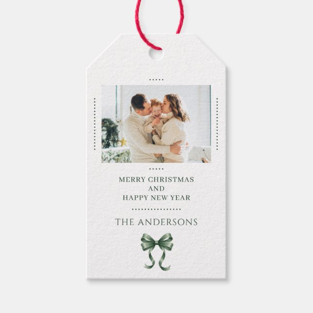 Personalized Christmas Photo Green Bow Modern Presentetikett (Framsidan)