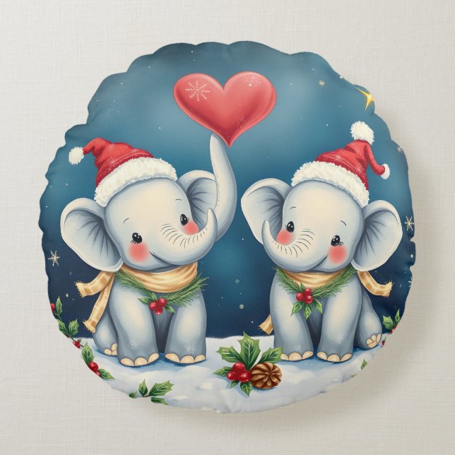 Personalized Christmas Pillow Duo Love Elephants Rund Kudde (Framsidan)