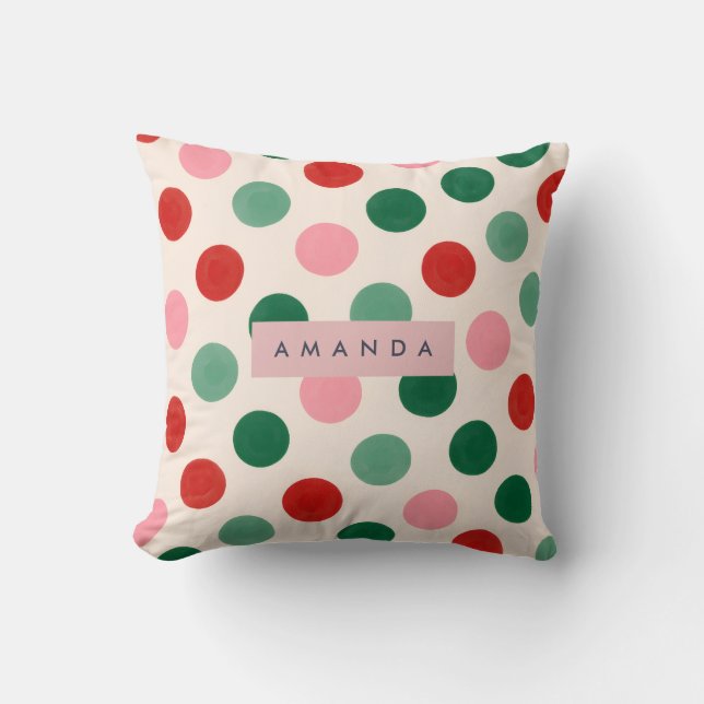 Personalized Christmas Red Green and Pink Polka Kudde (Framsida)