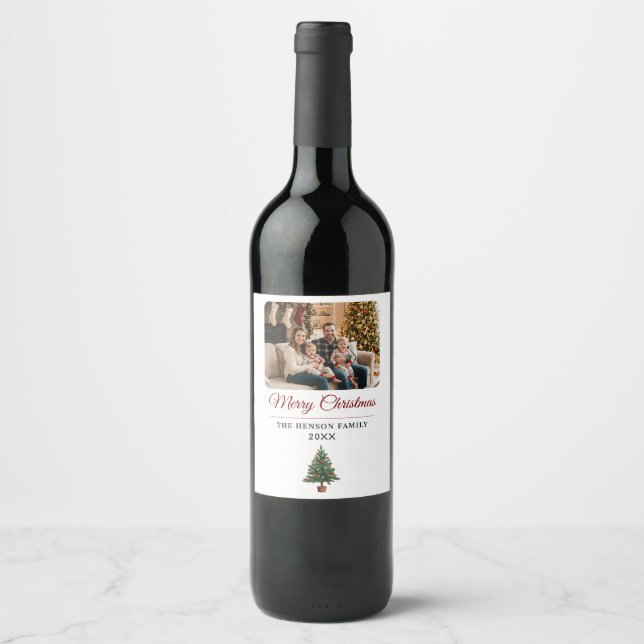 Personalized Christmas Tree Family Photo  Vinflaska Etikett (Framsida)