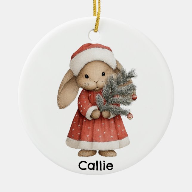 Personalized Christmas Victorian Bunny Rabbit Julgransprydnad Keramik (Framsidan)