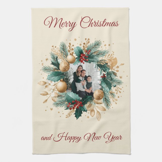 Personalized Christmas Wreath Photo Card Kökshandduk (Vertikal)
