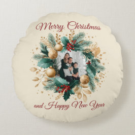 Personalized Christmas Wreath Photo Card Rund Kudde