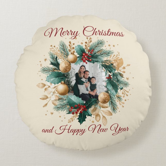 Personalized Christmas Wreath Photo Card Rund Kudde (Framsidan)