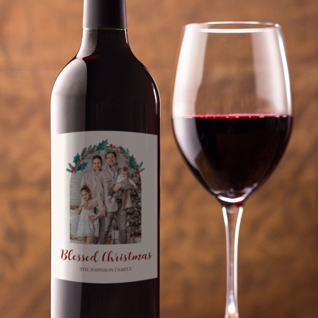 Personalized Christmas Wreath Photo Wine Label Vinflaska Etikett (Skapare uppladdad)