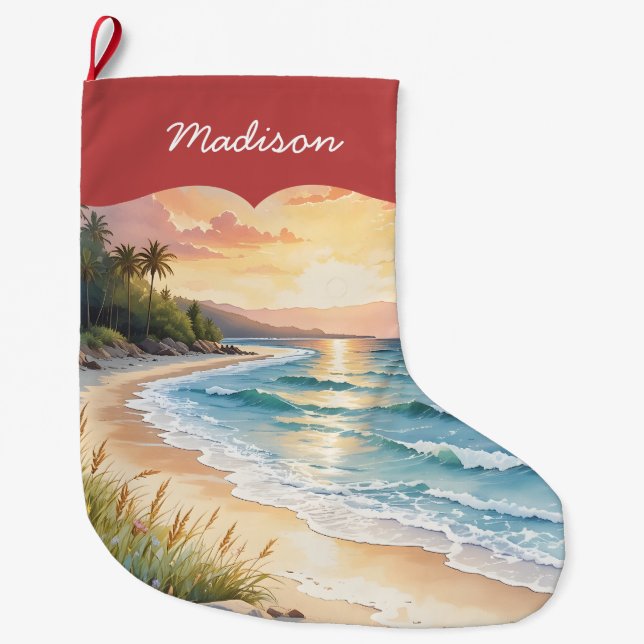 Personalized Coastal Beach and Sand Blue Ocean Stor Julstrumpa (Framsidan)