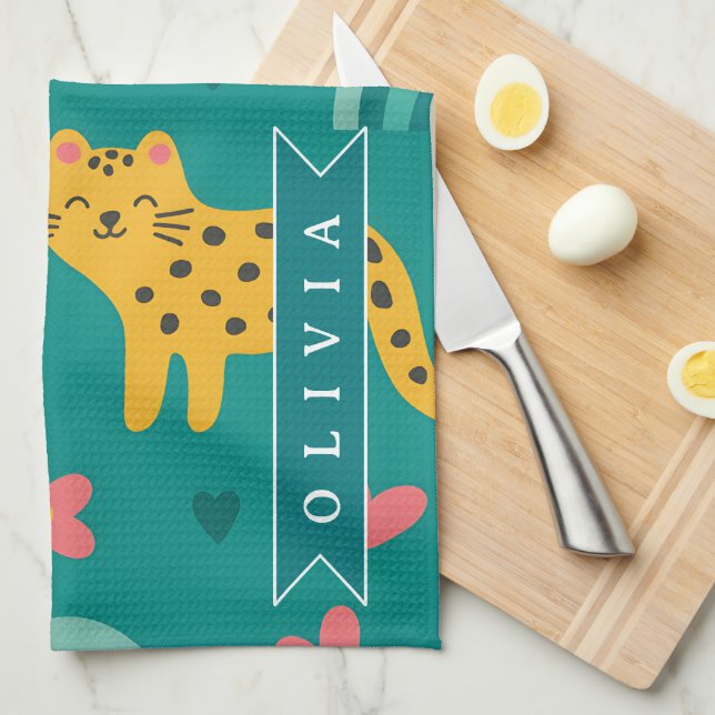 Personalized Colorful Fun Leopard Jungle Name Gift Kökshandduk (Vikt i Fjärdedel)