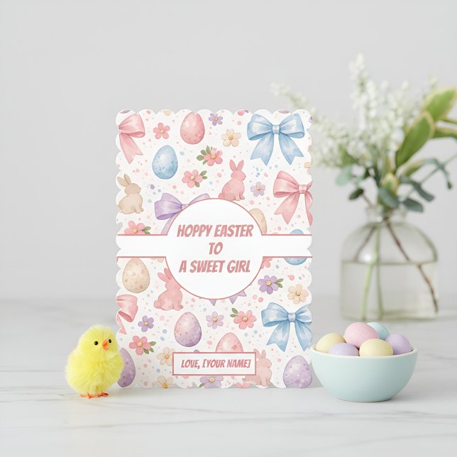 Personalized Coquette Bunny & Pink Bow Easter Julkort (Personalized Coquette Bunny & Pink Bow Easter Holiday Card)