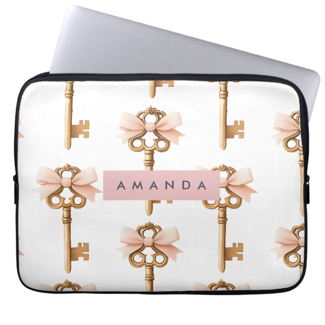 Personalized Coquette Pattern Gold Key & Pink Bow  Laptop Fodral (Framsidan)