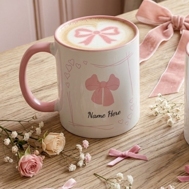 Personalized Coquette Pink Bow Coffee Mug Mugg (Custom text ceramic coquette pink bow mug with pink handle)
