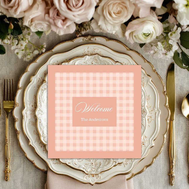 Personalized Coral Plaid Napkins Chic Table Style Pappersservett (Personalized Coral Plaid Napkins Chic Table Style)