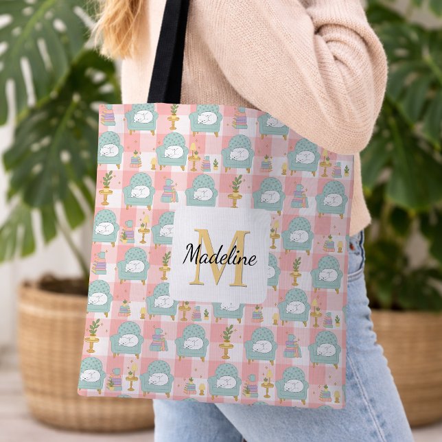 Personalized Cozy Cat & Book Tote Bag Girly Pink Tygkasse (Skapare uppladdad)