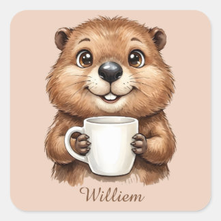 Personalized Cozy Coffee Beaver Woodland Morning Fyrkantigt Klistermärke