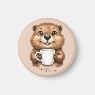 Personalized Cozy Coffee Beaver Woodland Morning Magnet