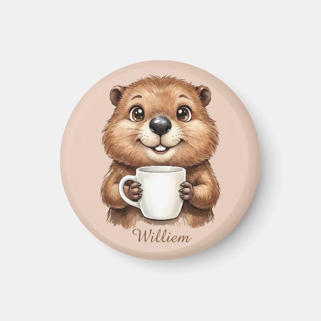 Personalized Cozy Coffee Beaver Woodland Morning Magnet (Framsidan)