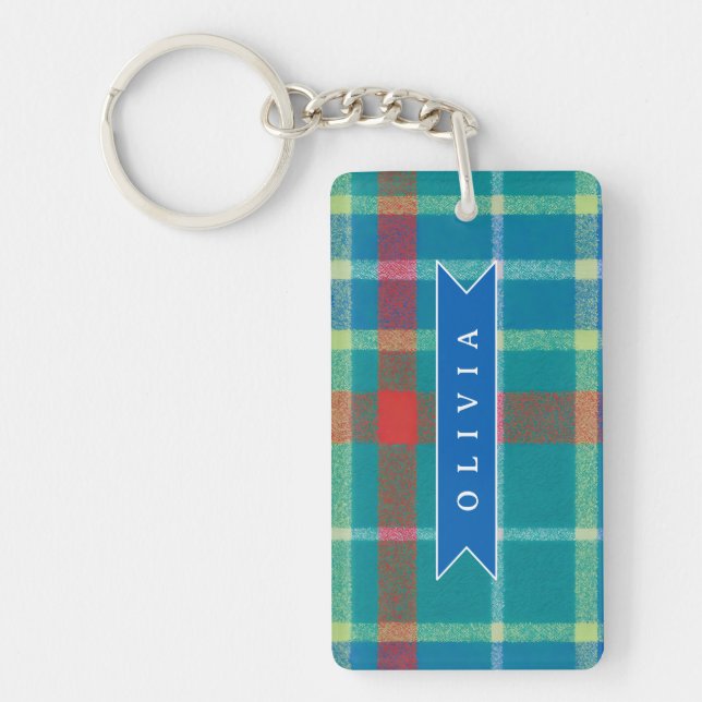 Personalized Custom Blue Plaid Preppy Style Nyckelring (Framsidan)