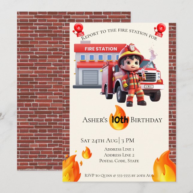 Personalized Cute 3D Fire Fighter Boy Birthday  Inbjudningar (Fram/baksida)