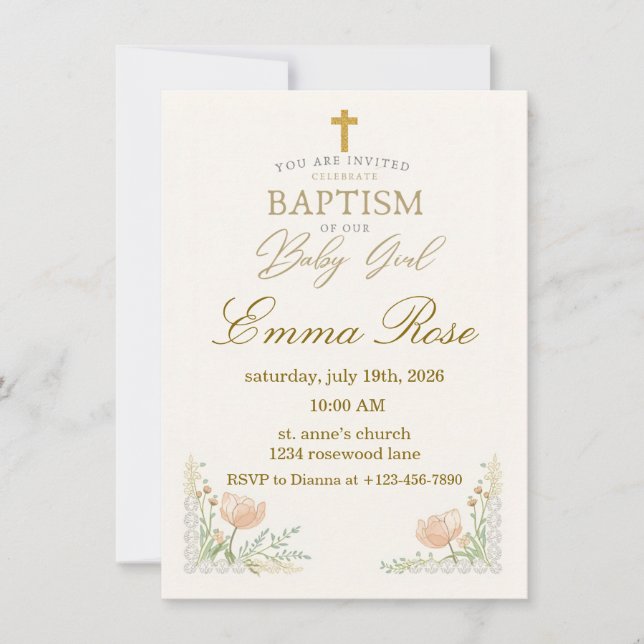Personalized Cute Baby Girl Baptism  Inbjudningar (Framsida)