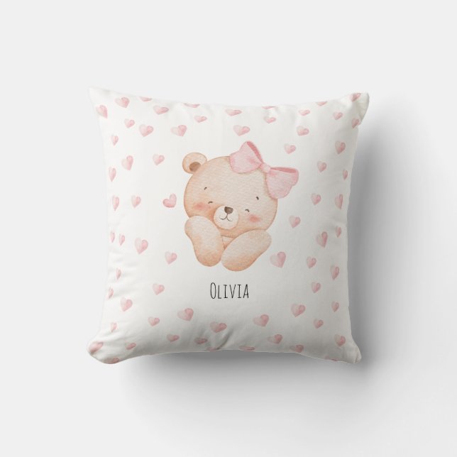Personalized Cute Bear with pink Hearts  Kudde (Framsida)