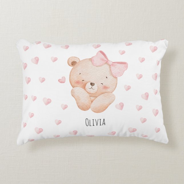 Personalized Cute Bear with pink Hearts  Prydnadskudde (Framsidan)