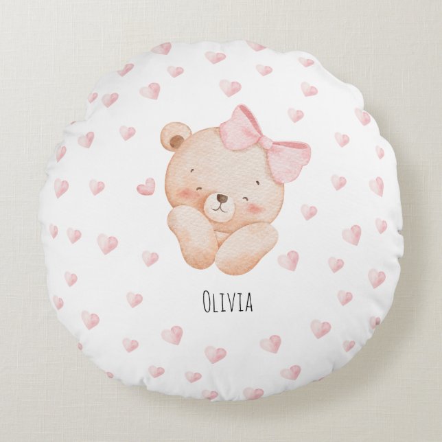 Personalized Cute Bear with pink Hearts  Rund Kudde (Framsidan)