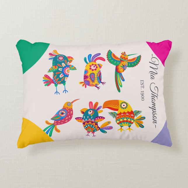 Personalized cute birds Colorful handdrawn Pinky Prydnadskudde (Framsidan)