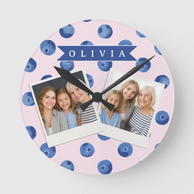 Personalized Cute Blueberry Watercolor Gift Name Rund Klocka (Framsida)