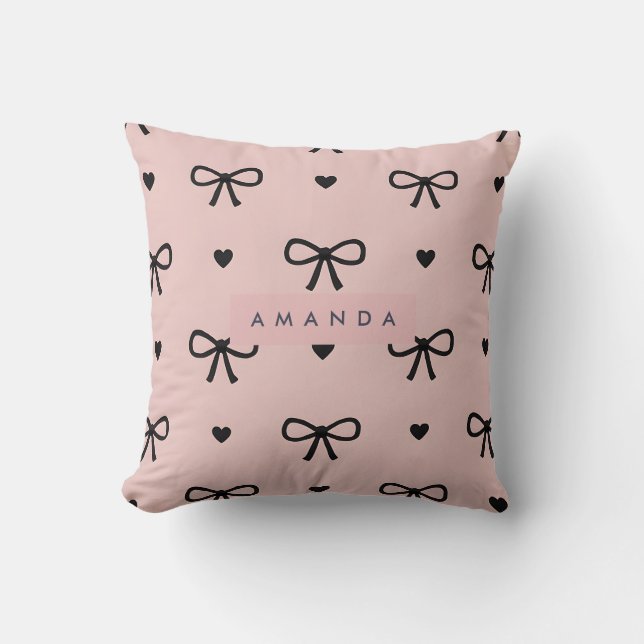 Personalized Cute Chic Pink Bow & Heart Pattern Kudde (Framsida)