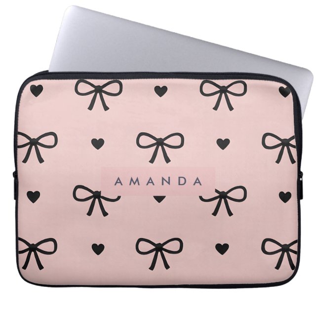 Personalized Cute Chic Pink Bow & Heart Pattern Laptop Fodral (Framsidan)