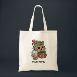 Personalized Cute Christmas Cat Tote Bag Tygkasse<br><div class="desc">Personalized cute Christmas cat tote bag featuring an adorable kawaii kitty wearing a festive winter hat and holding a holiday gift and iced coffee. This charming holiday tote bag is perfect for cat lovers and anyone who enjoys cozy winter designs. Add your own custom name to make this tote bag...</div>