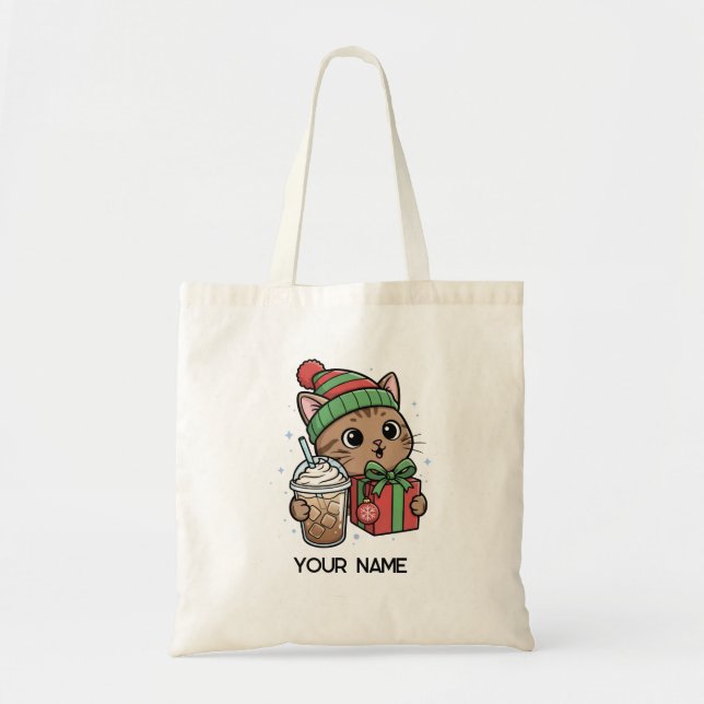 Personalized Cute Christmas Cat Tote Bag Tygkasse (Framsidan)