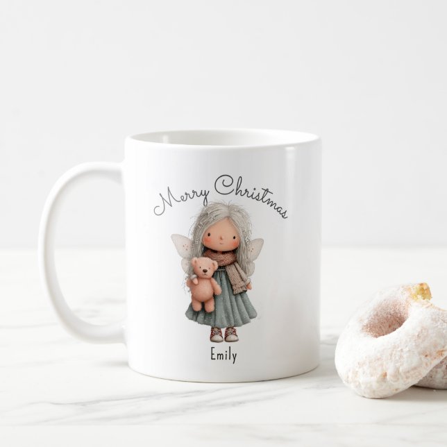 Personalized Cute Christmas Fairy Girl and Teddy   Kaffemugg (Med munk)