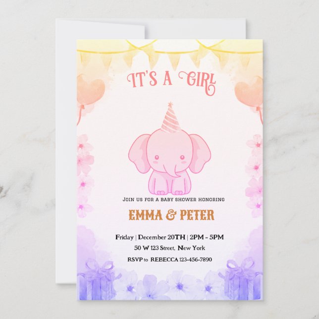 Personalized Cute Elephant Pink Baby Shower Inbjudningar (Framsida)