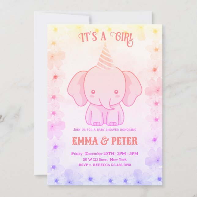 Personalized Cute Elephant Pink Baby Shower Inbjudningar (Framsida)
